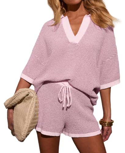 Image of Womens Crochet Short Sets 2 Piece Outfits Half Sleeve V Neck Knit Top High Waisted Shorts Striped Pajamas Set