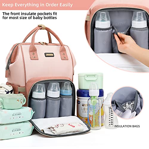 Image of Diaper Bag Backpack, Diaper Bags for Baby Girls Boys, Baby Bags for Moms Dads, Nappy Changing Bag with Insulated Pockets,Multi-functional Waterproof Backpack with Stroller straps -Pink light pink