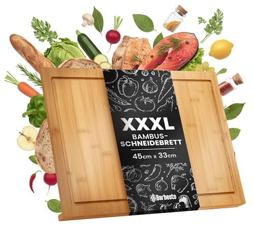 CLP Schneidebrett Holz groß XXXL 45 x 33 cm, Küchenbrett aus Bambus mit Anschlagskante und Saftrille, Holzbrett antibakteriell