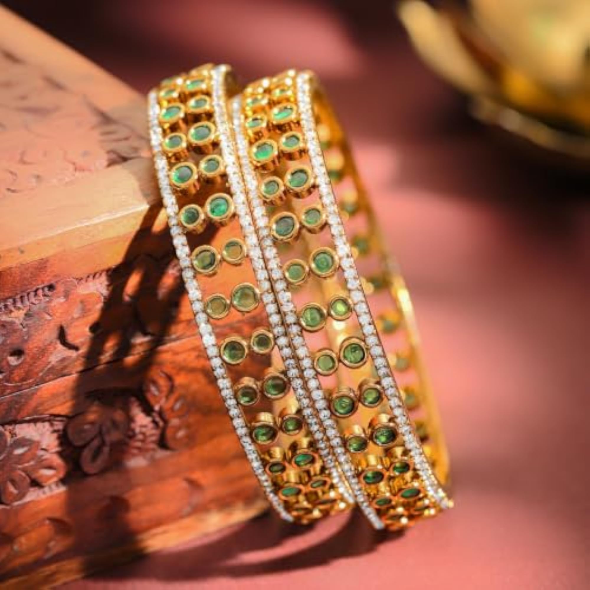 Gold Plated Emerald Green Zirconia Bridal Bangles Set