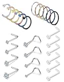 FIBO STEEL 24 Pcs 20G Stainless Steel Hoop Nose Rings Screw Stud Rings Piercing Jewelry Colored CZ Inlaid