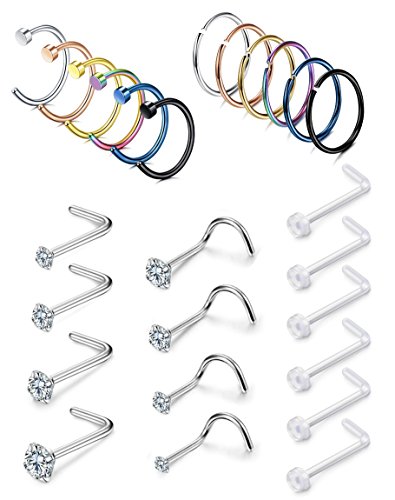FIBO STEEL 24 Pcs 20G Stainless Steel Hoop Nose Rings Screw Stud Rings Piercing Jewelry Colored CZ Inlaid