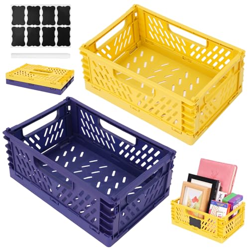XIEJ 2 cajas plegables pequeñas, azul/amarillas, plegables, estables, portátiles de plástico con etiqueta, 22 x 15 x 8,7 cm, caja plegable pequeña para el hogar, aula, oficina