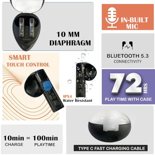 Image of Reponic True Wireless in-Ear Earbuds with Mic Gaming Mode, Touch Control, IPX5 Water-Resistance, with 5.3, Up to 72 Hours Play Time, Active Noise Cancelling, Deep Bass, and Fast Charging Black (Black)