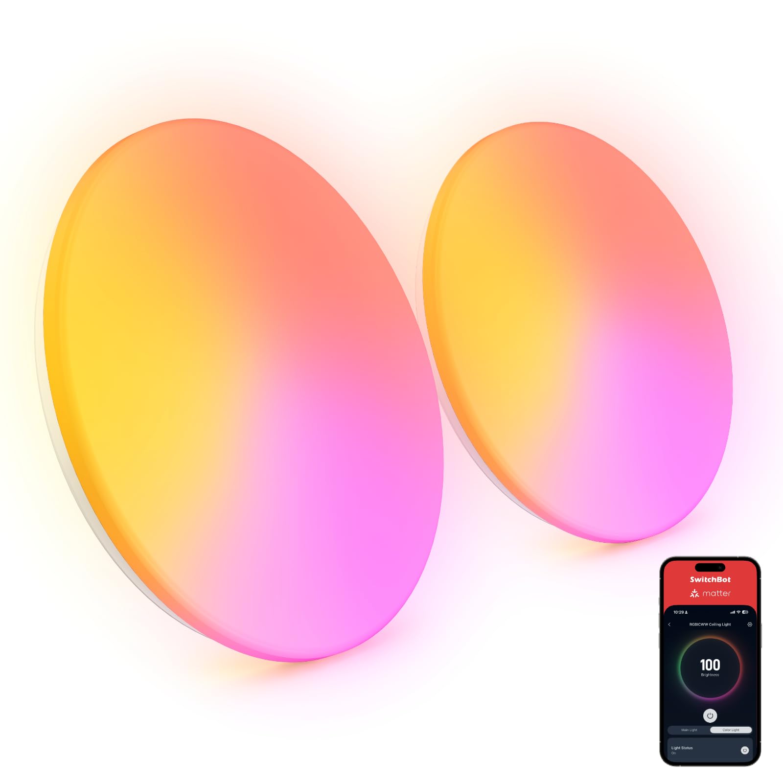 SwitchBot RGBICWW Ceiling Light 37.6cm, Matter-Certified Flush Ceiling Lights 3200LM, 2700K–6500K, 32W, Works with Alexa & Apple Home, CRI 90+, LED Lights for Bedroom, Living Room, Kitchen, 2 Pack