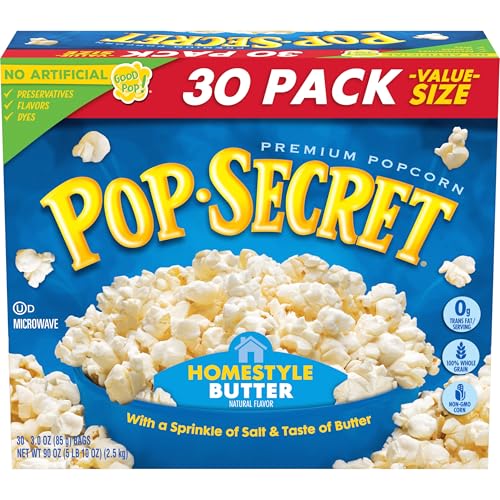 Image of Pop Secret Microwave Popcorn, Homestyle Butter Flavor, 3 Ounce Sharing Bags, (Pack of 30)