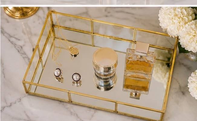 Image of Rectangle Glass Tray with Gold Rim and Mirror Base Vanity Table Decoration [10 x 7 x1.5 inches]