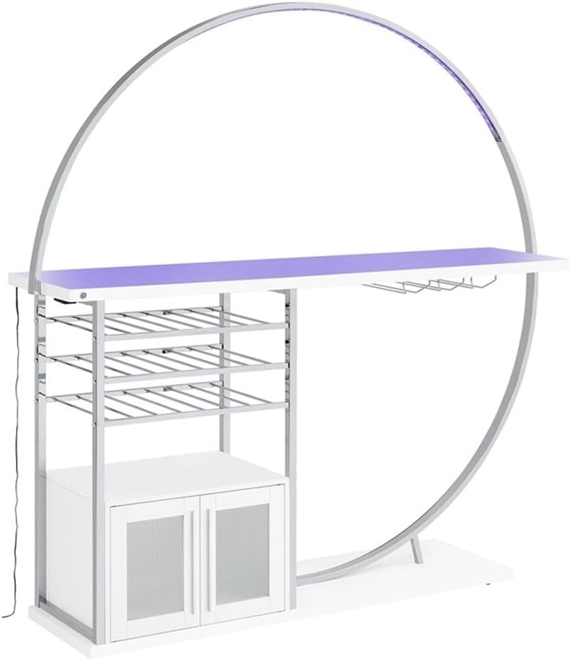 Pemberly Row Circular LED Wood Home Bar, White High Gloss Finish, 75" H x 72.5" W x 16.25" D, Wine Storage for 21 Bottles, Stemware Rack, Contemporary Style Bar for Entertainment Spaces
