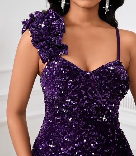 Image of Cololura Women Sexy Elegant Sequin High Split Ruffled Hem Mermaid Party Cocktail Bodycon Formal Evening Gowns Maxi Dress