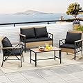 YITAHOME 4-Piece Patio Wicker Furniture Set with Wood Armrest, All Weather Rattan Conversation Furniture Sets for Backyard, Balcony, Deck w/Soft Cushions and Plastic Wood Table (Light Brown+Black)