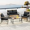 YITAHOME 4 Piece Patio Wicker Furniture Set with Wood Armrest All Weather Rattan Conversation Furniture Sets for Backyard Balcony Deck wSoft Cushions and Plastic Wood Table Light BrownBlack