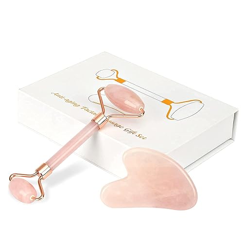 Miniatura 7 de Juego de rodillo de jade y Gua Sha, rodillo facial de cuarzo rosa natural, kit de masajeador facial, rodillo de piedra de jade facial para el