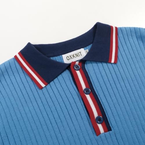 OXKNIT Polo para hombre de algodón azul con rayas retro de los años 1960 y manga corta miniatura 4
