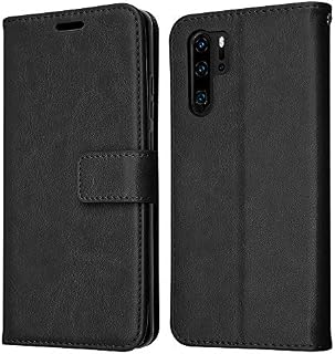TECHGEAR Compatible with Huawei P30 Pro Leather Wallet Case, Flip Protective Case Cover with Card Slots, Kickstand and Wrist Strap - Black PU Leather fit Huawei P30 Pro
