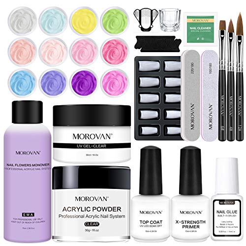 Morovan Acrylic Nail Kit with Professional Acrylic Powder Liquid Monomer Acrylic Nail Brushing Techniques Nail Pieces And Other Basic Manicure Tools Acrylic Nail Beginner Kit