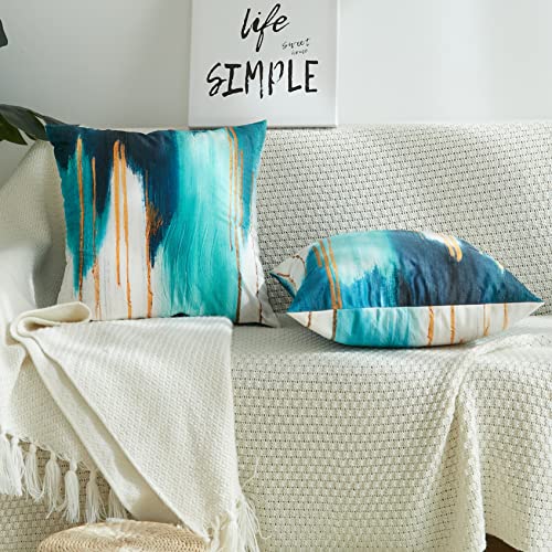 Teal Velvet Pillow Covers Marble Texture Abstract Pillowcase Artwork Contemporary Home Decorative Throw Pillow Covers Modern Cushion Covers For Bedroom Sofa Living Room 18X18 Inch, Set Of 2 #TOP2