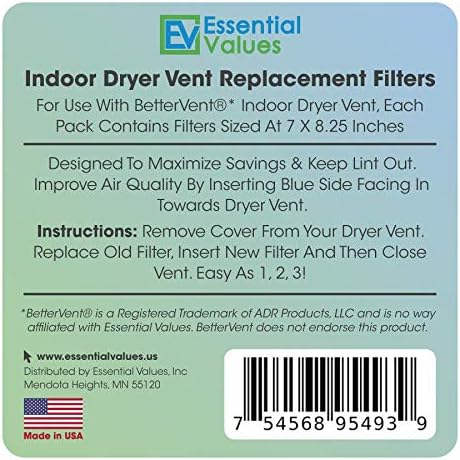 Essential Values 18 Pack Compatible Replacement Filters (90 Dryer Loads Total) for Bettervent Indoor Dryer Vent