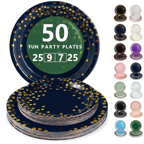 Nkaiso Disposable Paper Plates 50 Pack, Navy Blue Gold Party Plates Dinner Set - 25x9inch & 25x7inch Plate Elegant Disposable Tableware for Birthday, Wedding, Christmas Party Supplies