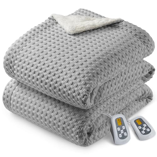 CAROMIO Heated Blanket King Size with LCD Dual Controller, Waffle Weave Fast Heating Electric Blankets, 10 Heat Levels & 1-12H Time Settings, ETL Certified, Machine Washable, Grey, 100" x 90"