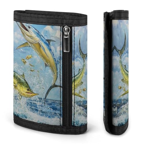 Blue Marlin Fish Jumping Trifold Wallets for Men Women Ultra Thin Card Holder Purse with Zip Coin Pocket3