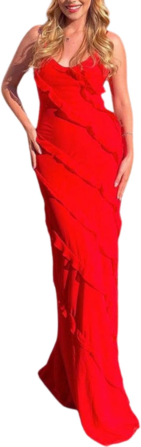 Women's Summer Spaghetti Strap Midi Bodycon Dress Sexy Backless Tassel Ruffle Side Split Party Maxi Dresses - Image 3