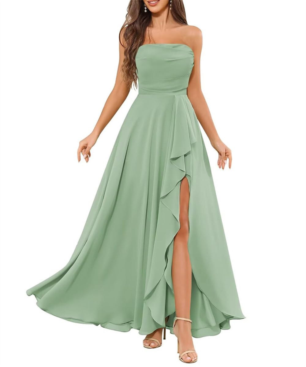 Sayno Women's Sage Green Strapless Bridesmaid Dresses For Chiffon Long Prom Gowns With Slit Cocktail Dresses Plus Size Hlsa245 Uk12