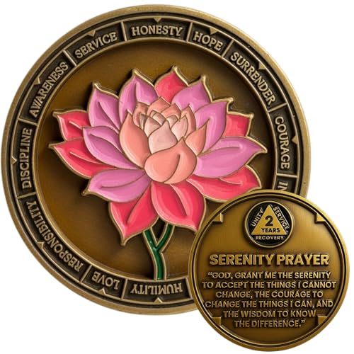 2 Year Lotus Sobriety Coin - Serenity Prayer AA Medallion Premium Recovery Token for Anniversaries Sponsor & Sponsee Gifts Two Years Sober Milestone Chip for Women and Men