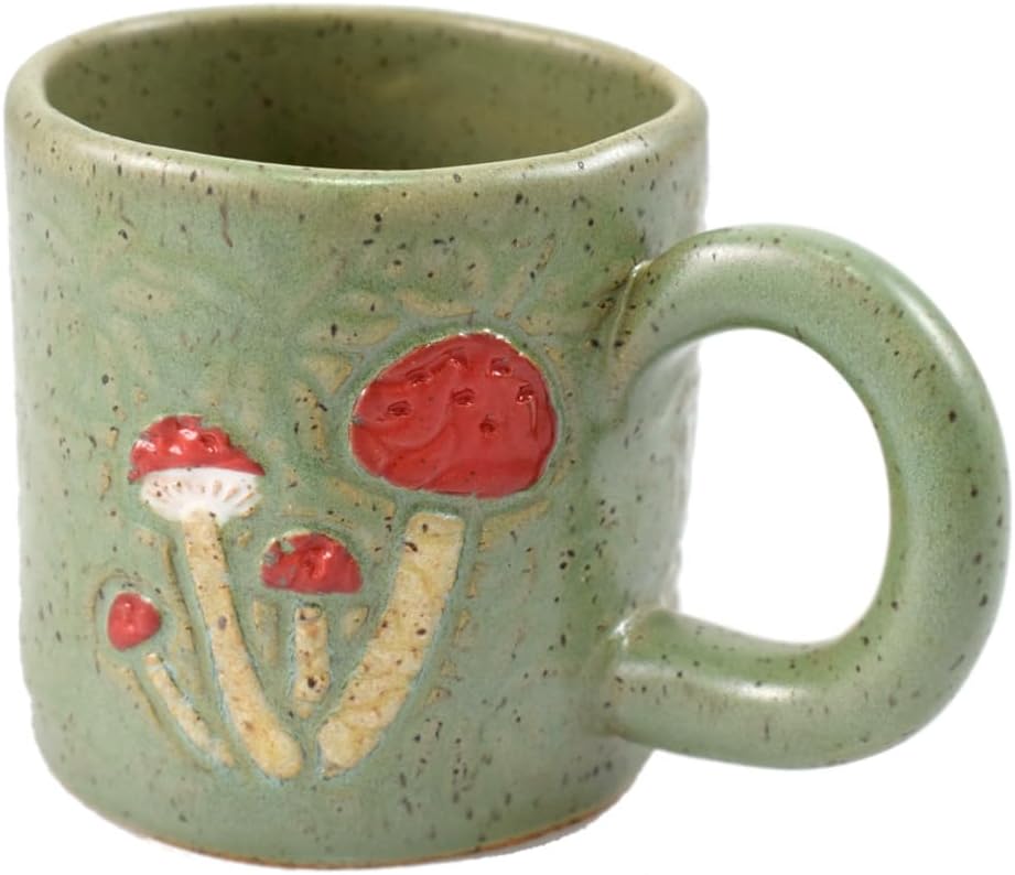 Retro Earthy Green Mushroom Pottery Mug, American Handmade Stoneware, 10 oz