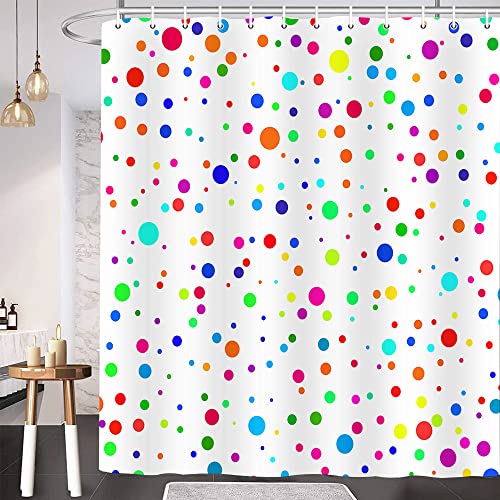 Kids Rainbow Polka Dot Shower Curtain For Bathroom, Colorful Cute Geometric Abstract Circles Doodle Geometric Bathroom Curtain, White Modern Restroom Accessories With Hooks 69X70 Inch #TOP12
