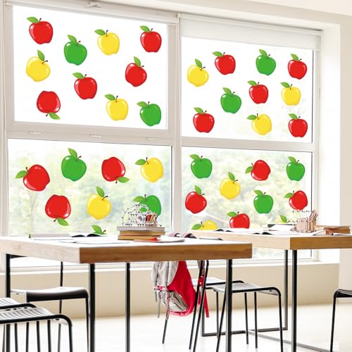 Image of Whaline 9 Sheet Back to School Window Clings Colorful Cartoon Apples Reusable Window Decals for First Day of School Party Supplies Classroom Nursery Home Glass Decor