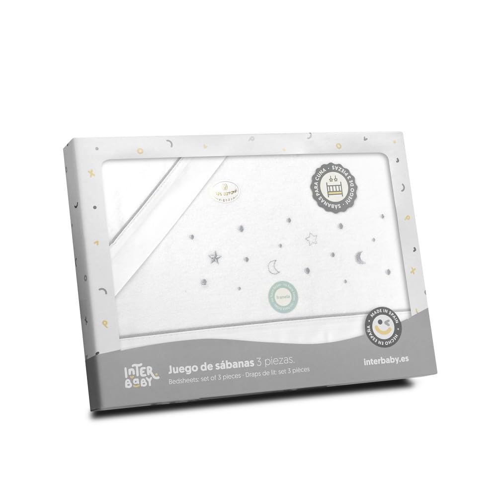 Interbaby - Juego Sabanas Carrito Bebe 40x80 Algodón 100% | Sabana Cuna Franela, Cálida | Incluye Sabana Bajera, Encimera y Funda de Almohada | Ideal para Invierno | Estrellas Luna Blanco/Gris