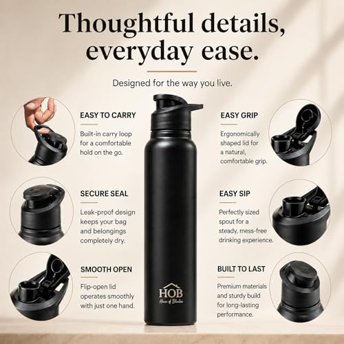 Image of HOB Stainless Steel Water Bottle 1 Litre | Flip Lid Sipper | Leak Proof | BPA Free | Rust Proof | For School, Gym, Office, Travel | Water Bottle for Kids & Adults | 1000ml | (1, Black, Flip Sipper)