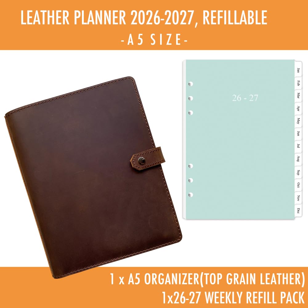 Agenda 2026-2027 in pelle, formato A5, con pagine settimanali e mensili, per uomini e donne, tasche interne e portapenne, ricaricabile