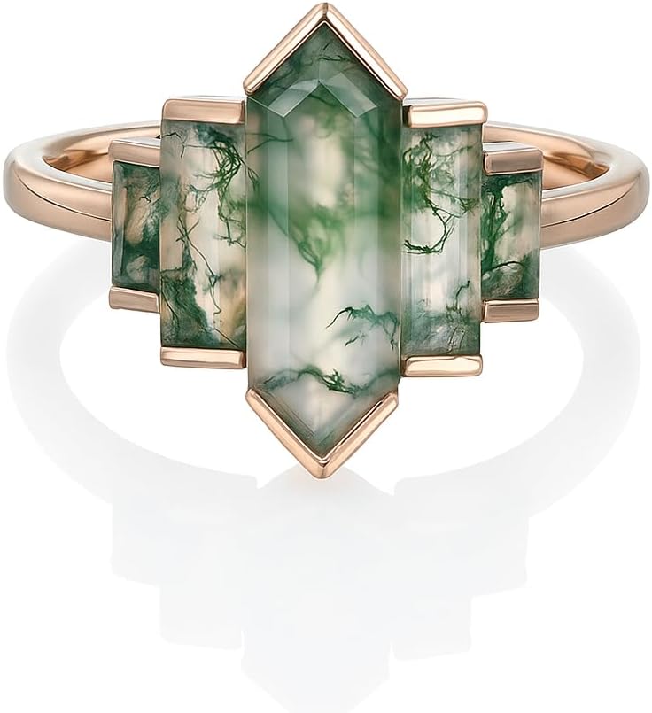 Rose Gold Moss Agate Ring for Women – Geometric Step Cut Green Stone Ring – Unique Art Deco Style Engagement Promise Jewelry Gift