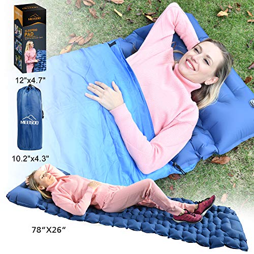 Meegoo Camping Sleeping Pad - Sleeping Mat with Pillow for Backpacking and Hiking, Lightweight and Compact, Waterproof, Large, Foot Press Inflatable - Thumbnail 4