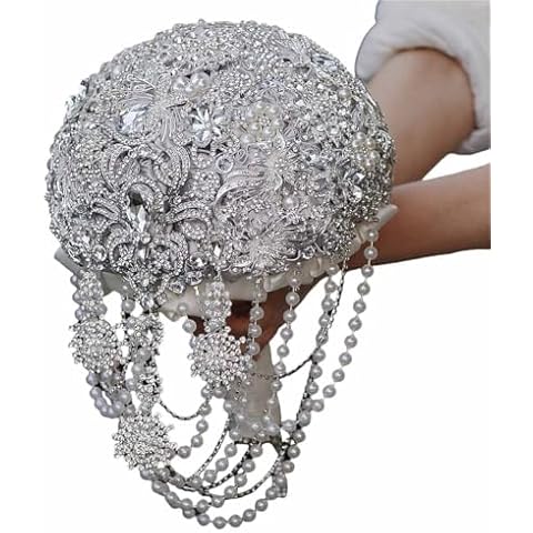 MaxxCloud Luxury Gatsby-Inspired Vintage Wedding Golden Brooch Bouquets Handmade Sliver Bling Glam Wedding Bridal Bouquet Cover