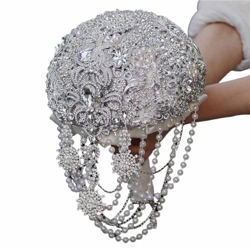 Image of MaxxCloud Luxury Gatsby-Inspired Vintage Wedding Golden Brooch Bouquets Handmade Sliver Bling Glam Wedding Bridal Bouquet