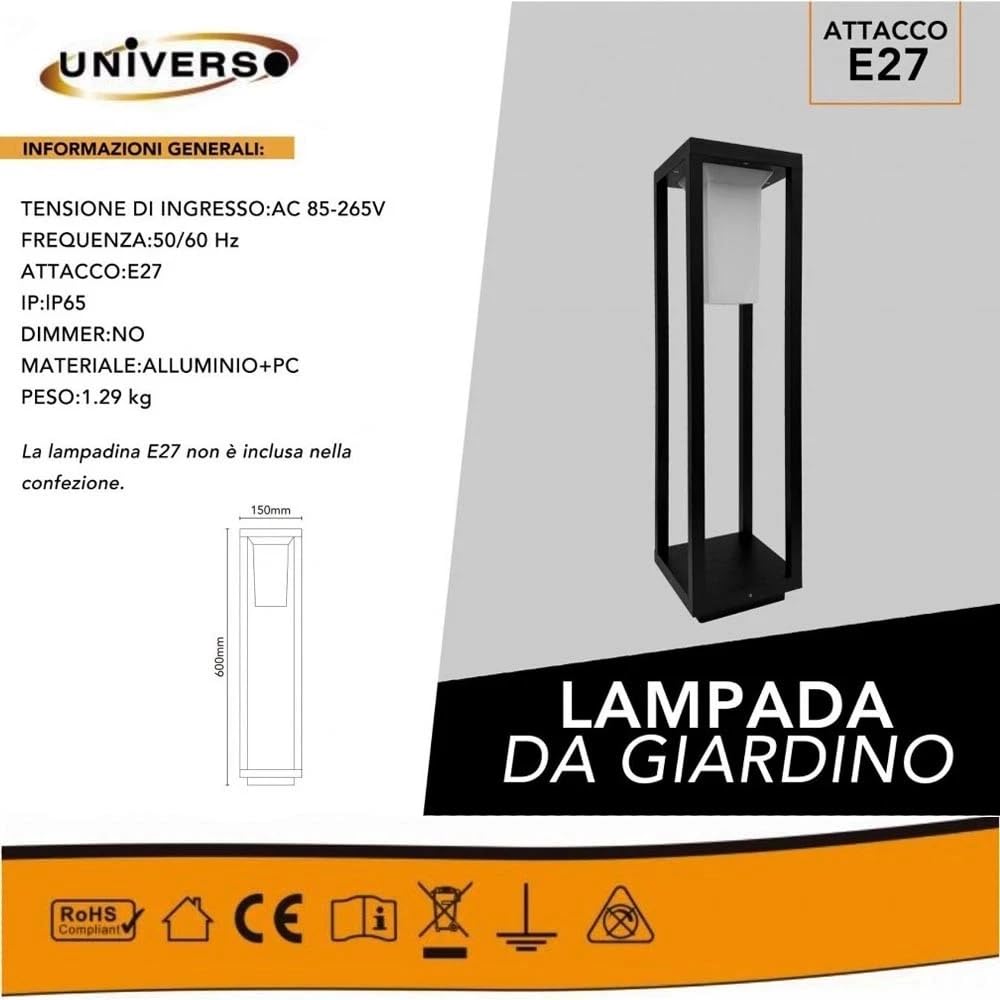 Lampioncino da Giardino Moderno Nero IP65 Alluminio 60cm E27 PT02