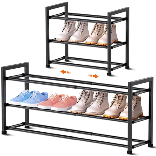 3-Tier Expandable Shoe Rack for Closet, 18“-33” Adjustable Shoe Rack for Small Space, Small Shoe Organizer for Front Door, Sturdy Metal, Black