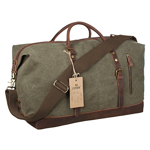 S-ZONE Oversized Canvas Genuine Leather Trim Travel Tote Duffel Shoulder Weekend Bag Weekender Overnight Carryon Hand Bag