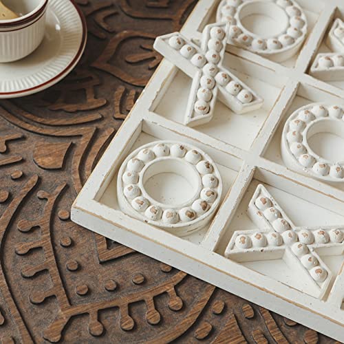 Nikky Home Tic Tac Toe Wood Board Game For Kids Family, 10.6 Inch Rustic Wooden Coffee Table Decor, White #TOP1