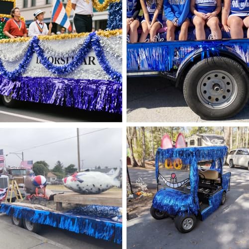 Image of 4 Pack Royal Blue Total 40 Feet Foil Fringe Garland Metallic Tinsel Banner Wall Hanging Drapes Parade Float Skirting Decorations for Trailer Mardi Gras Party Birthday Wedding Baby Shower