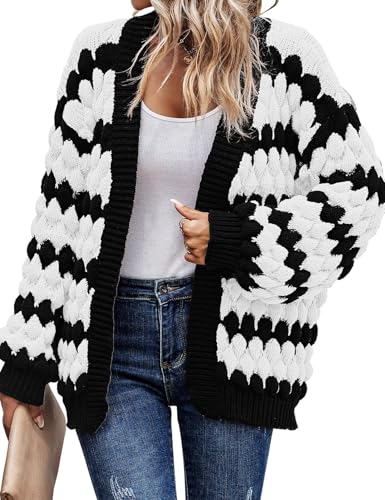Image of Arssm Womens Oversized Chunky Cardigan Sweaters Open Front Striped Color Block Cable Knit Fall Winter Sweater Coats(White-L)