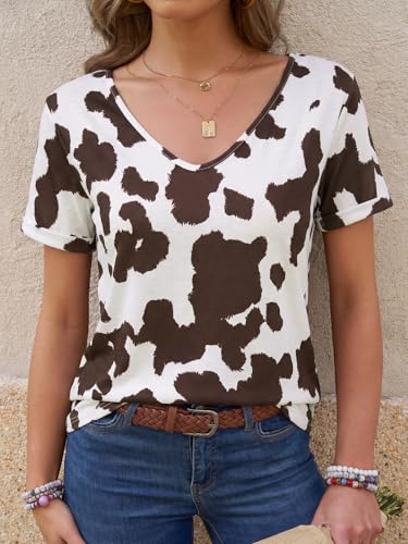 Image of Danedvi Women Deep V-Neck Short Sleeve Tops Solid Casual Loose T Shirt