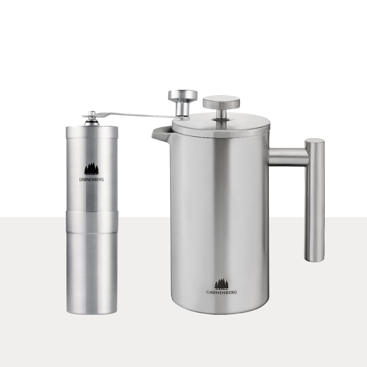 Groenenberg Spar Set 1 | French Press Thermo 1 Liter + Kaffeemühle manuell | Edelstahl Kaffeepresse Kaffeebereiter + Handkaffeemühle