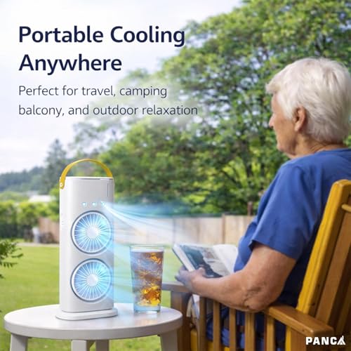 Image of PANCA Portable Double Head Spray Fan with Misting | USB Rechargeable Mini Air Cooler with LED Light | 3 Speed Cooling Fan with 280ml Water Tank, Touch & Remote Control for Home, Office, Car