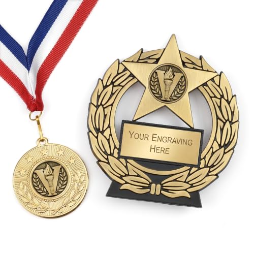 TROPHIESPLUSMEDALS Personalised Gold Mega Star Trophy with Medal 11.5cm