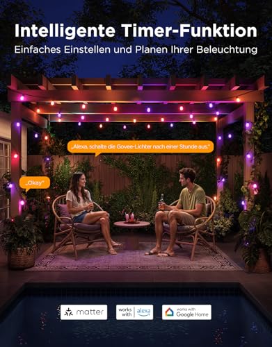 Govee Lichterkette Außen 15M, RGBICW LED Outdoor Lichterkette, IP66 Wasserdicht, App-Steuerung, 111 Szenenmodi, 65lm pro LED Lebensdauer 25000h, Funktioniert mit Alexa und Google Assistant 6