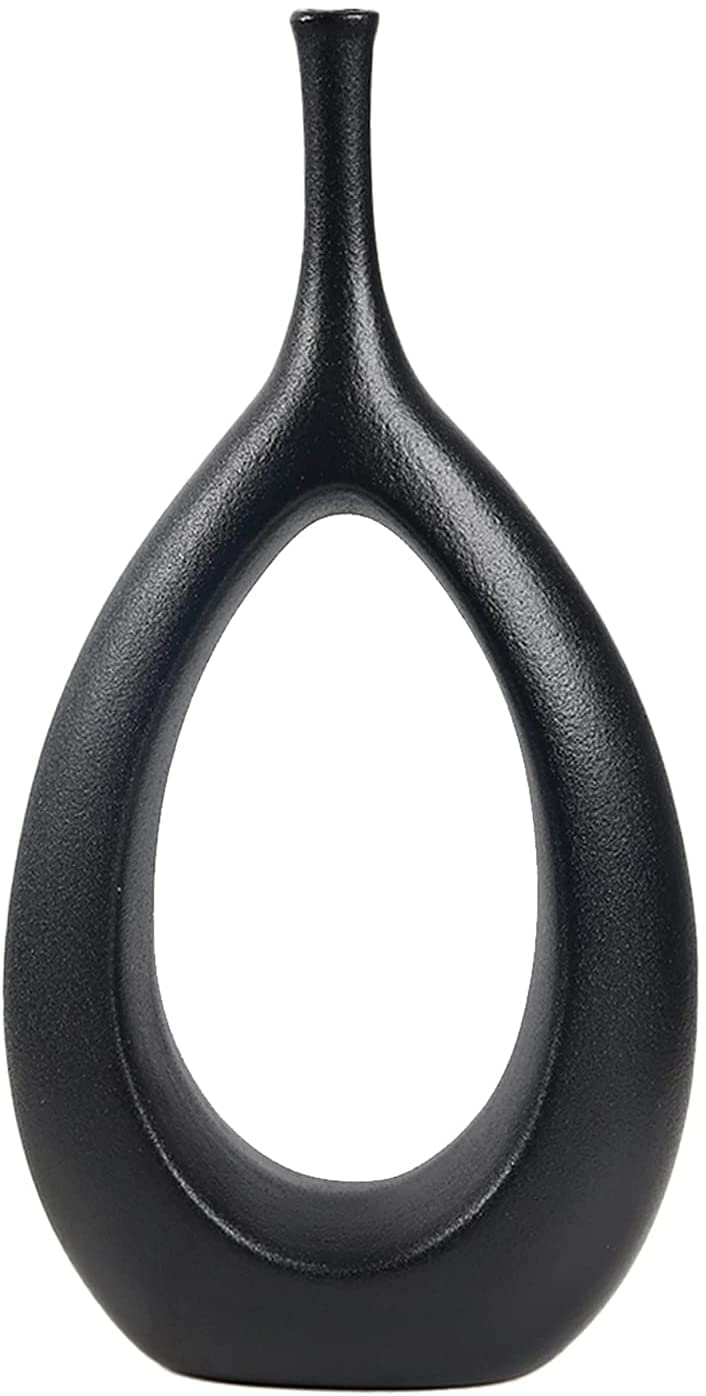 Occuwzz® Oval Shaped Ceramic Flower Vase Modern Geometric Vase Exquisite Decorative Vase for Living Room Kitchen Table Home Office Wedding Centerpiece Plants Floral Vase – 5.9x11.8In, Black