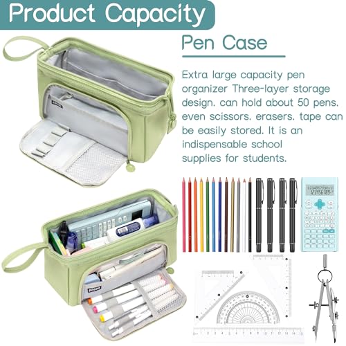 Image of Large Capacity Pencil Case Big Pencil Pouch Special Aesthetic School Pen Bag For Girls Teen Nurse Adults Kids Soft Organizer With Zipper Cute Travel Pencil Pouches Estuche Para Lapices Green